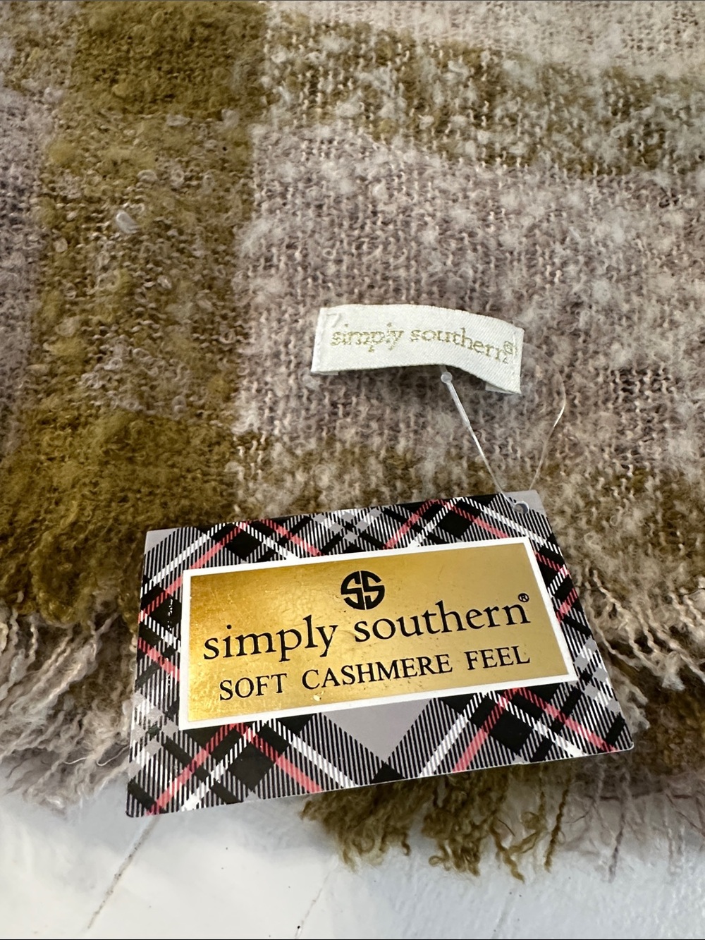 Simply Southern Olive & Taupe Plaid Fringe Scarf